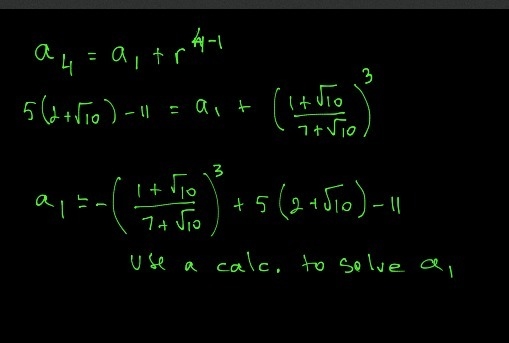 In a geometric sequence, t4=5x-11, t5=x+5, and t6=x-1. Find the sum(s) of the infinite-example-3