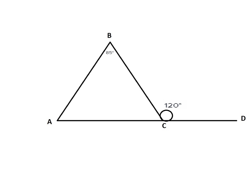 The measure of ∠BCD is 120°. The measure of ∠ABC is 85°. What is measure of ∠BAC? Enter-example-1