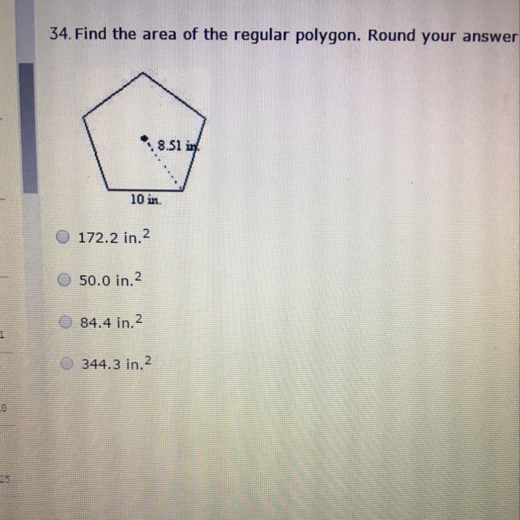 Find the area of the regular polygon. round your answer to the nearest tenth. A: 172.2 in-example-1