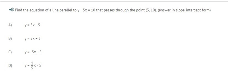 Find the equation of a line parallel to y - 5x = 10 that passes through the point-example-1