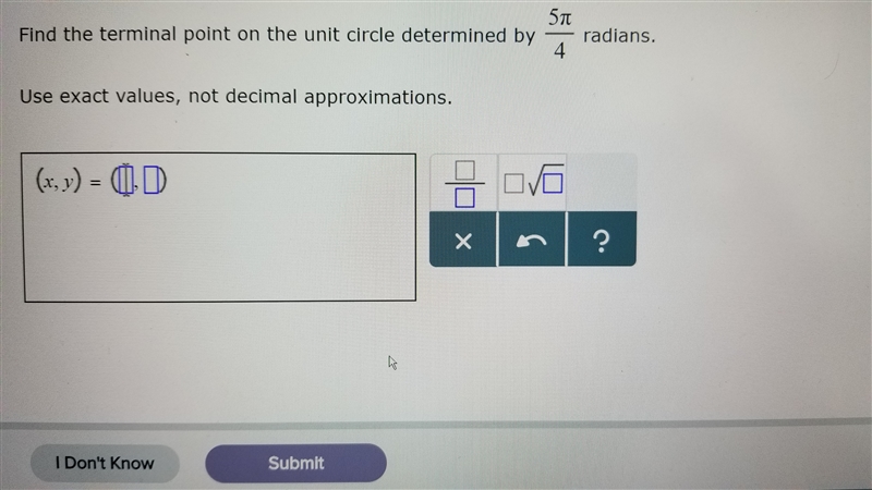 Find the terminal point on the unit circle determined by 5pi/4 radians-example-1