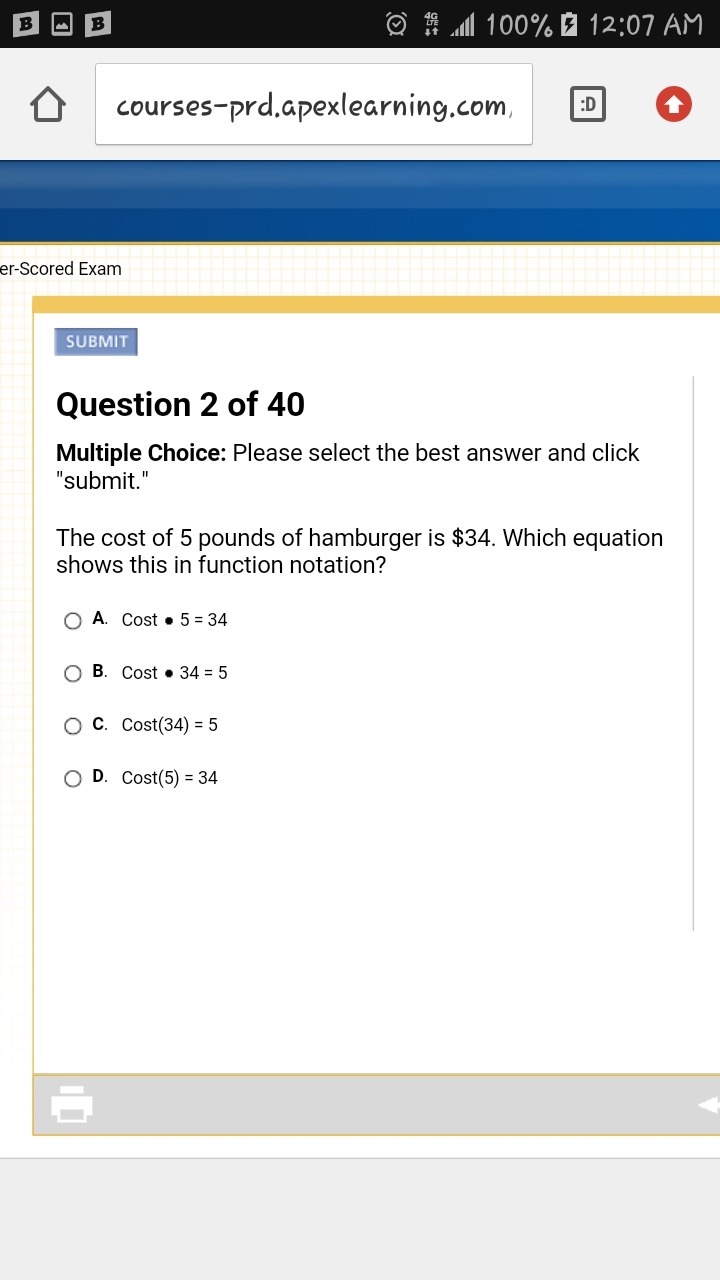 The cost of 5 pounds of hamburger is $34. Which equation shows this in function notation-example-1