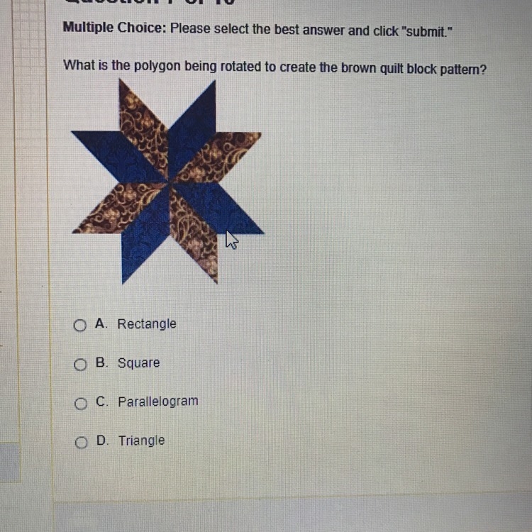 What is the polygon being rotated to create the brown quilt block pattern?-example-1