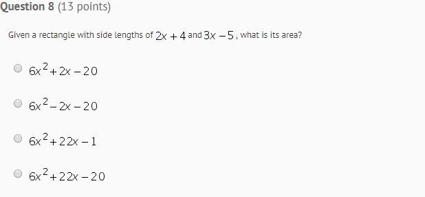 Given a rectangle with side lengths of and , what is its area?-example-1