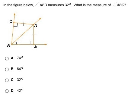 In the figure below, ABD measures 32. What is the measure of ABC?-example-1