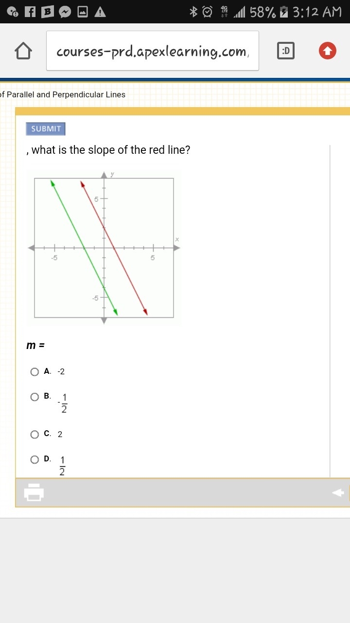 The lines below are parallel. If the slope of the green line is -2, what is the slope-example-1