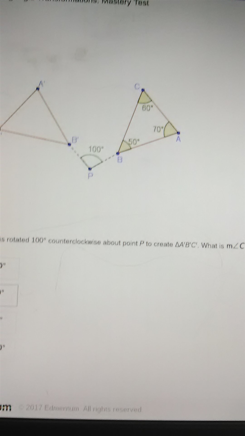 ∆ABC is rotated 100° counterclockwise about point P to create ∆A'B'C'. what is angle-example-1