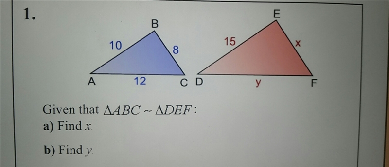 Given that triangle ABC is congruent to triangle DEF find x and y-example-1