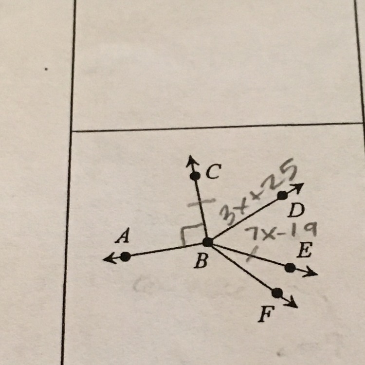 If ray BD bisects angle CBE, ray BC is transparent to ray BA, angle CBD = (3x + 25) degrees-example-1