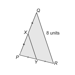 In ΔPRQ, the length of QR is 8 units. The length of mid-segment XY is UNITS.-example-1