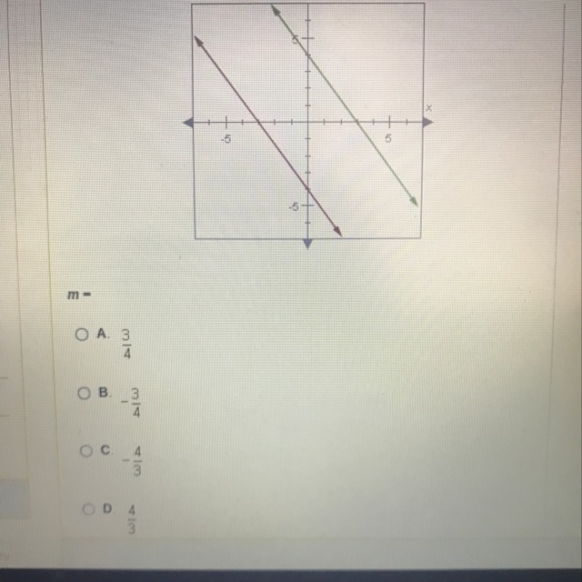 The lines graphed below are parallel. The slope of the red line is -4/3 what is the-example-1