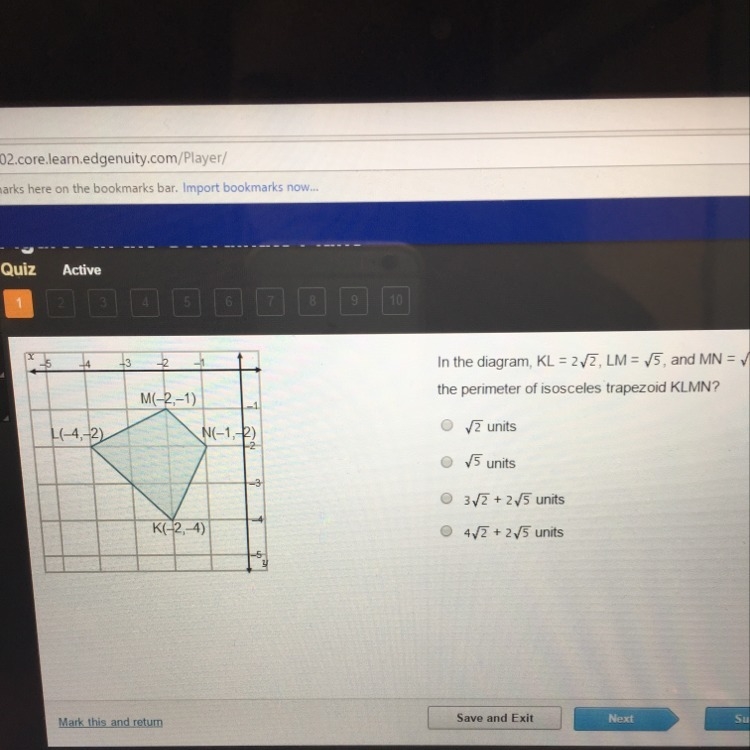 What is the perimeter of isosceles trapezoid KLMN?? HELP ASAP!!!!-example-1