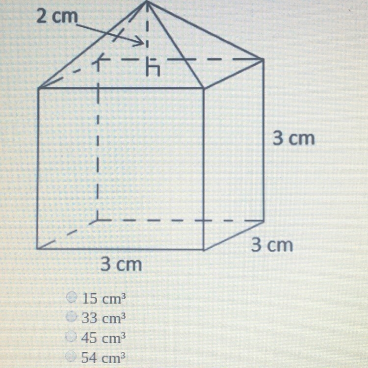 Please help! :) Calculate the volume of the figure. A. 15cm3 B. 33cm3 C. 45cm3 D. 54cm-example-1