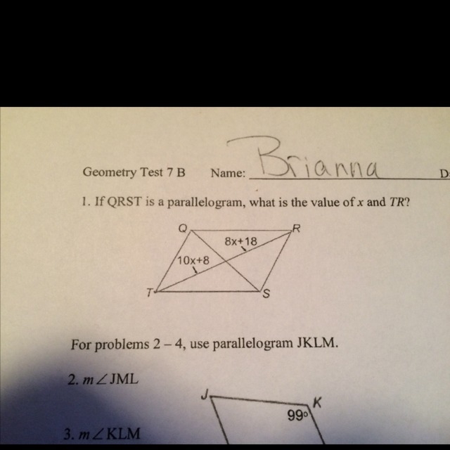 If QRST is a parallelogram , what is the value of x and TR-example-1