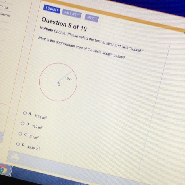 What is the approximate area of the circle shown below-example-1