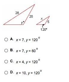 The two triangles illustrated below are similar. What are the values of x and y?-example-1