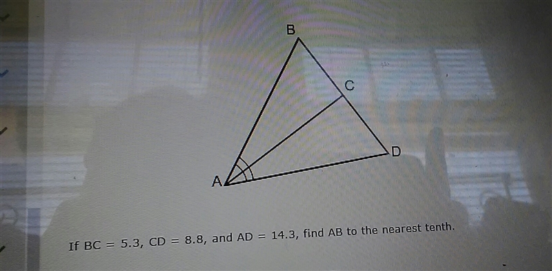 5.3, CD r- 8.8, and AD - 14.3, find AB to the nearest tenth. If BC-example-1