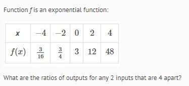 Function f is an exponential function: What are the ratios of outputs for any 2 inputs-example-1