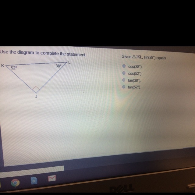 Given triangle JKL, sin 38 degree equals-example-1