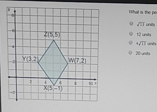 What is the perimeter of rhombus wxyz? A.square root 13 units B.12 units C.4 square-example-1