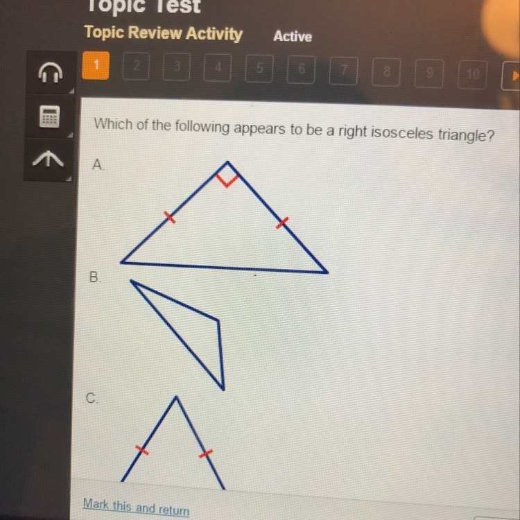 Which of the following appears to be a right isosceles triangle?-example-1