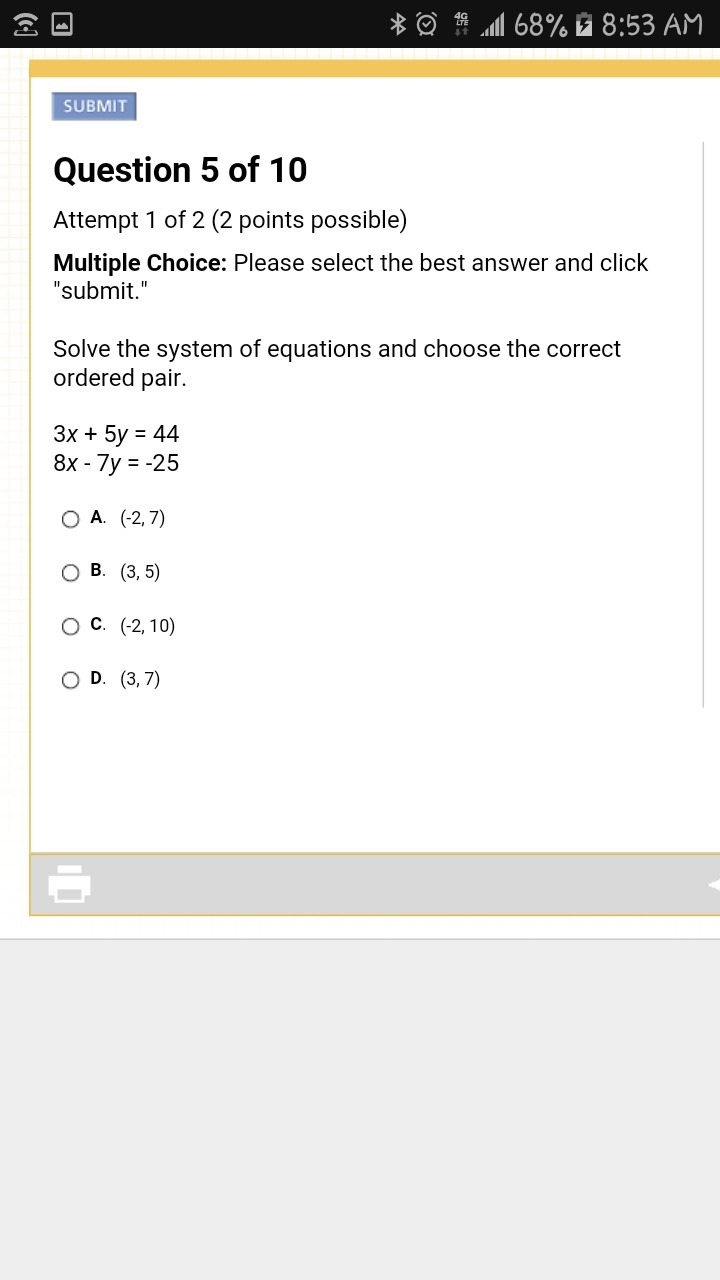 Solve the system of equations and choose the correct ordered pair.  3x + 5y = 44 8x-example-1