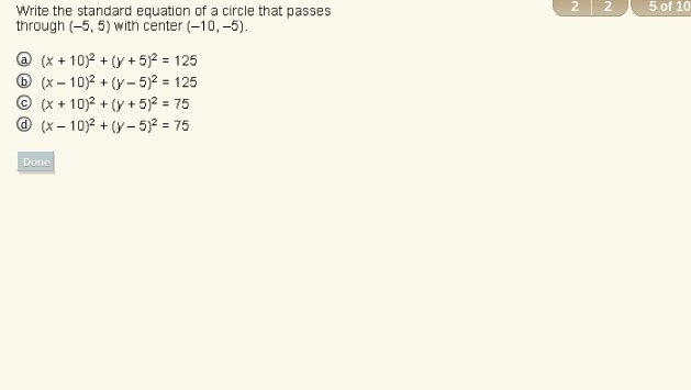 What is the standard equation of the circle that passes through (-5,5) with center-example-1