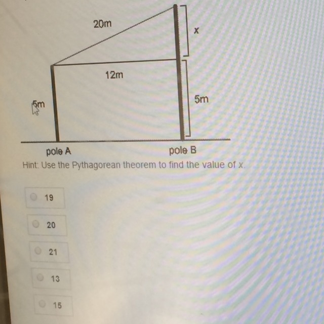 Two poles,A and B, are 12 meters apart. Pole A is 5 meters high. A rope 20 meters-example-1