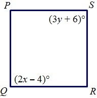 Given that PQRS is a square, find x and y. A. x = 10, y = 10 B. x = 28, y = 47 C. x-example-1