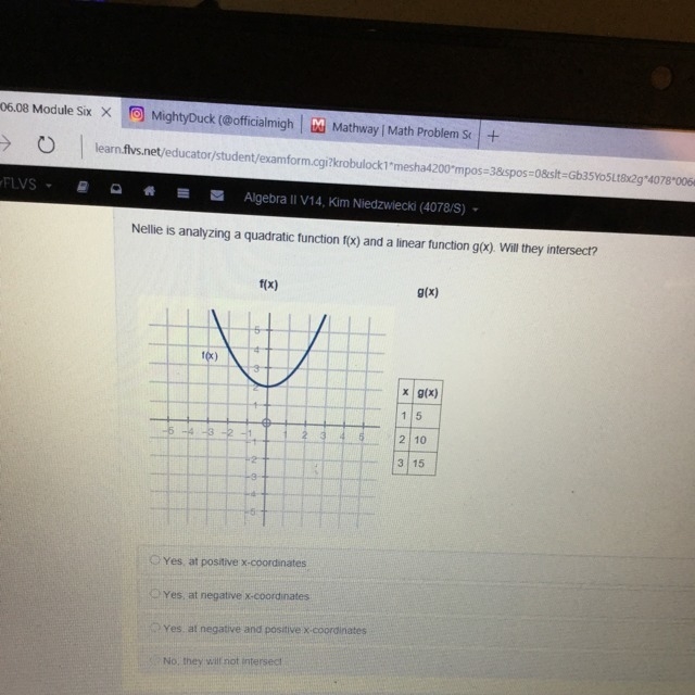 Nellie is analyzing a quadratic function f(x) and a linear function g(x). Will they-example-1