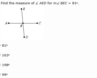 Find the measure of ∠ AED for m∠ BEC = 81.-example-1