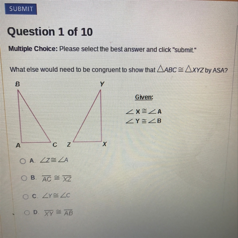 What else would need to be congruent to show that angle ABC is congruent to angle-example-1