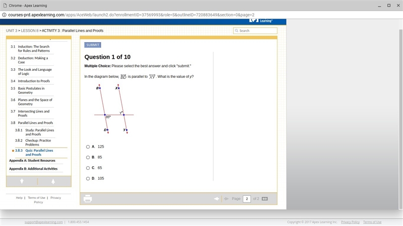 In the diagram below, BD is parallel to XY. What is the value of Y? A. 125 B. 85 C-example-1