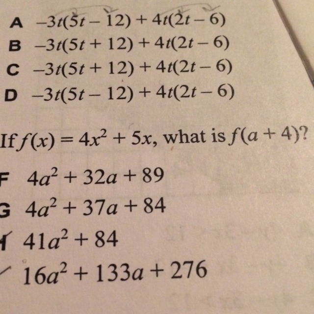 If f(x)=4x^2+5x, what is f(a+4)-example-1