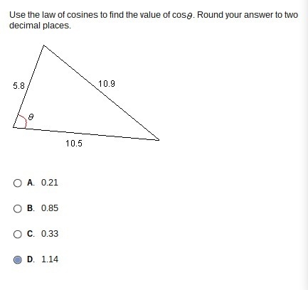 Use the law of cosines to find the value of cos. round your answer to two decimal-example-1