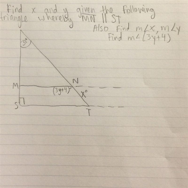 I need to find x and y and also find the measure of angle x and angle y and find the-example-1