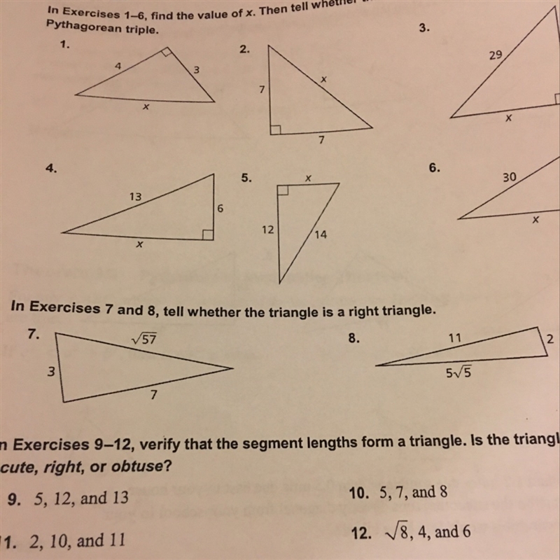 I need help with 7 and 8 it ask If it's a right triangle-example-1