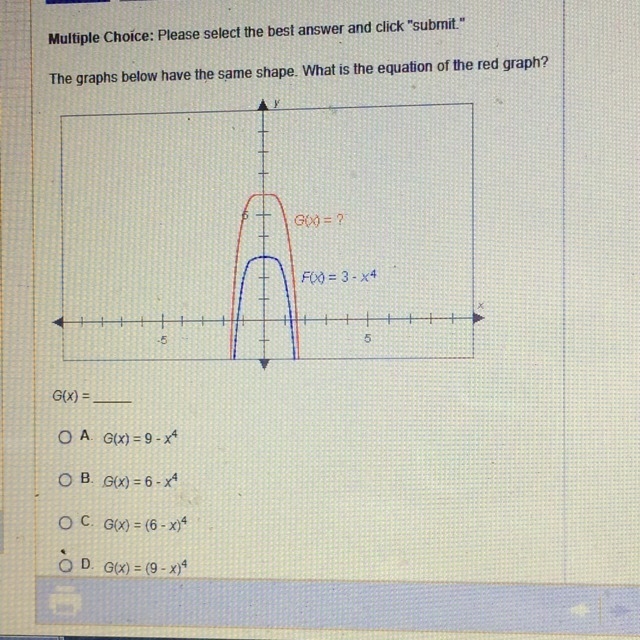 The graphs below have the same shape. What is the equation for the red graph?-example-1