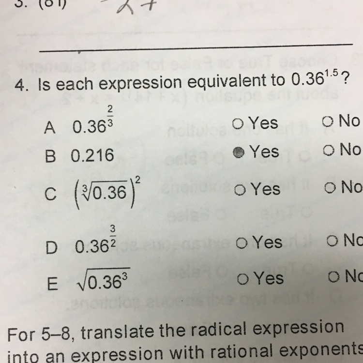 Math problem! Is each expression equivalent to 0.36^1.5? Yes or No?-example-1