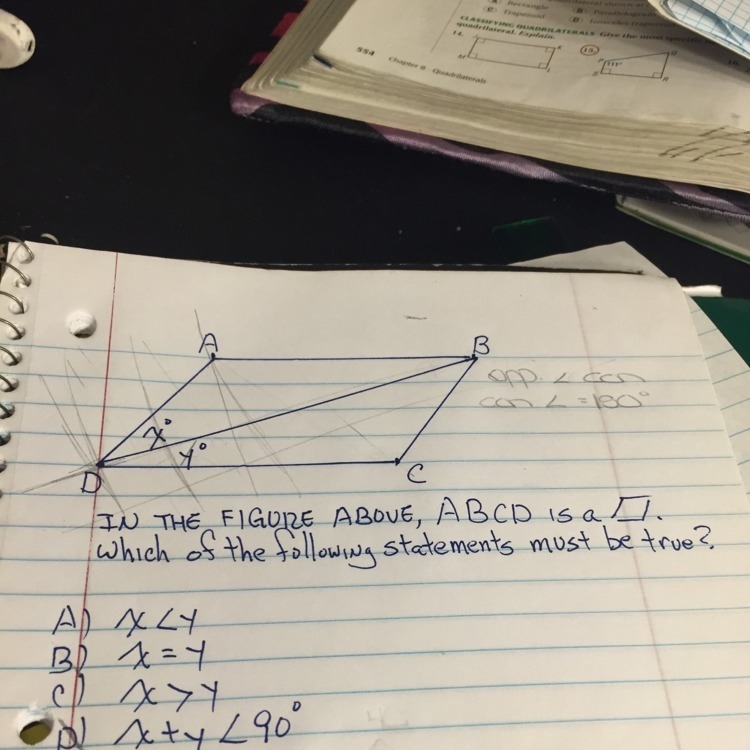 In the figure above, ABCD is a parallelogram. Which of the following statements must-example-1