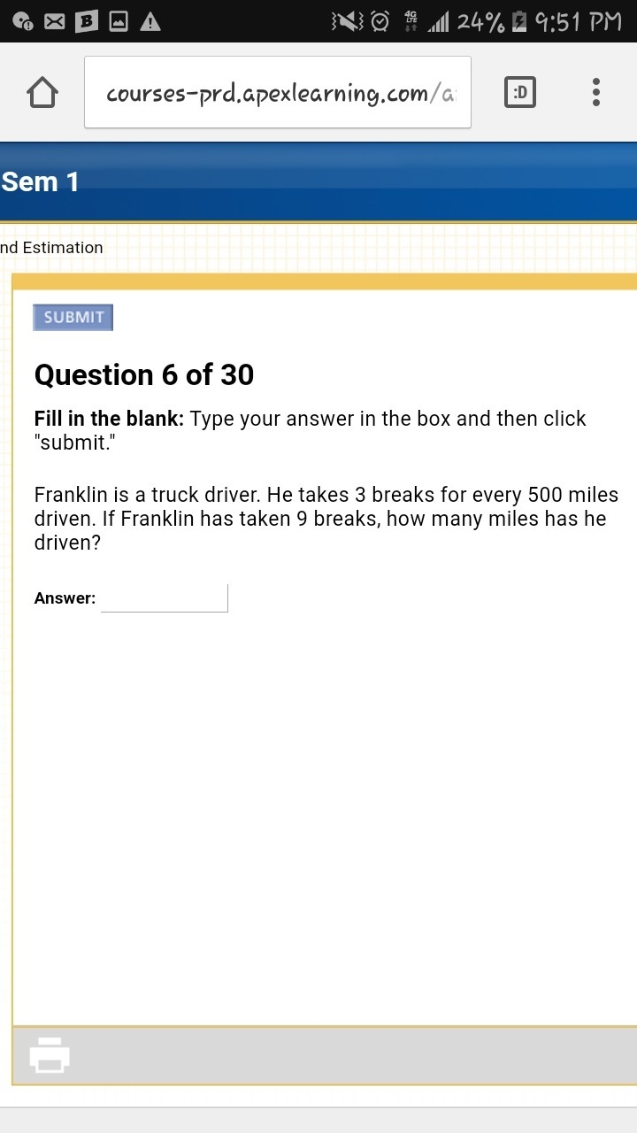 Franklin is a truck driver. He takes 3 breaks for every 500 miles driven. If Franklin-example-1