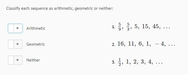 Classify each sequence as arithmetic, geometric or neither:-example-1