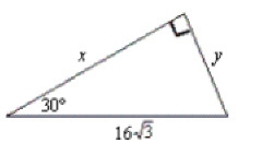 Solve for x and y. A. 24 √ 3, y=8 B. 8,y=24√ 3 C. x=24, y= 8√ 3 D. 8√ 3, y=24-example-1