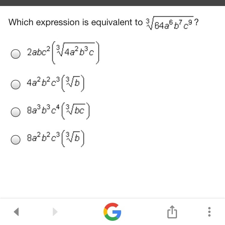 Which expression is equivalent to ^3 square root 64a^6 b^7 c^9-example-1