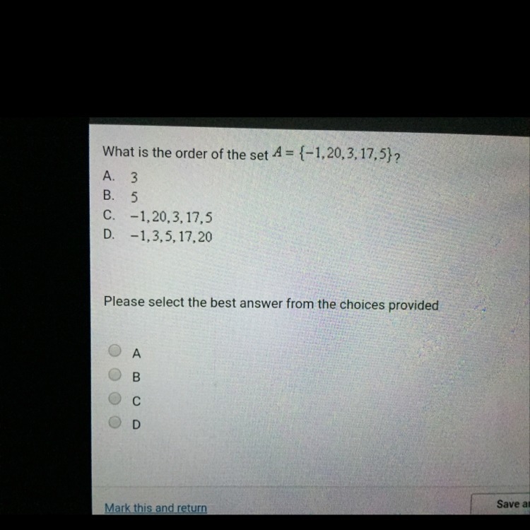 What is the order number of the set A= {-1,20,3,17,5} ?-example-1