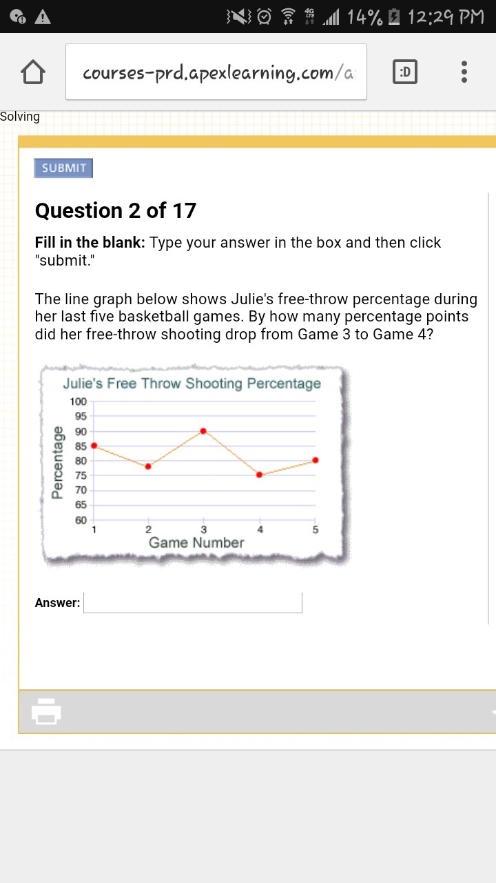 The line graph below shows Julie's free-throw percentage during her last five basketball-example-1