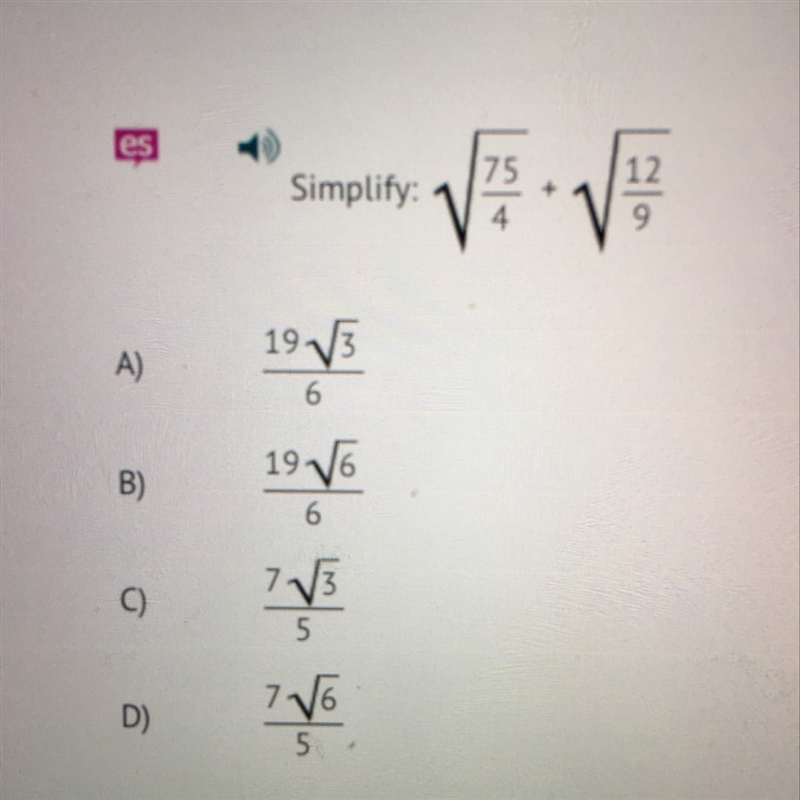 Simplify square root of 75/4 + square root of 12/9-example-1