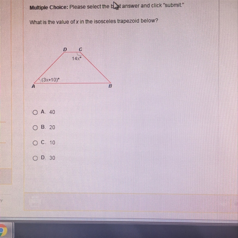 What is the value of x in the isosceles trapezoid below?-example-1