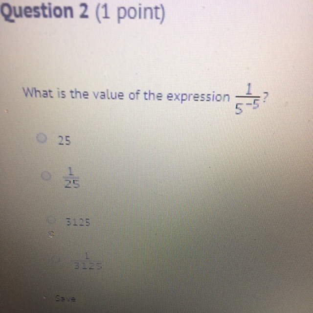 What is the value expression of the 1/5-5 A.25 B.1/25 C.3125 D.1/3125-example-1