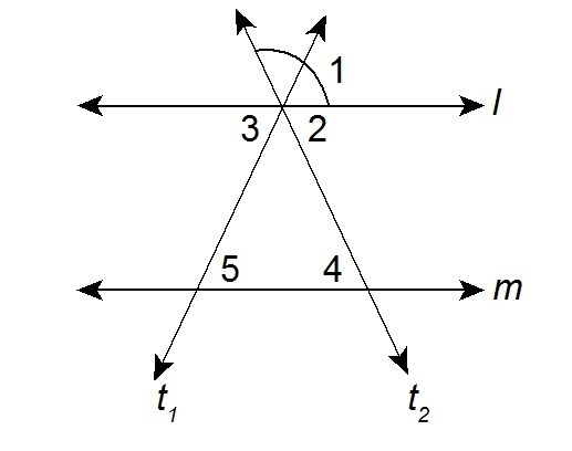 lines 1 and m are parallel lines, t1 and t2 are transversals what is measure 1 if-example-1